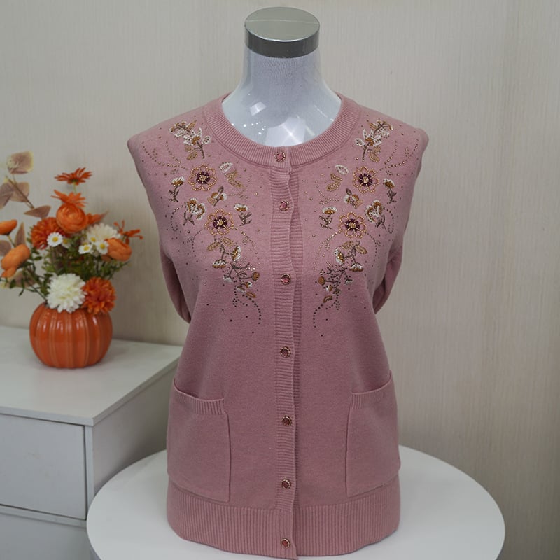 Izšūts ziedu raksta kabatas kardigans, adīts, apļveida kakla, garas piedurknes, brīvs piegriezums, poliesteru maisījums