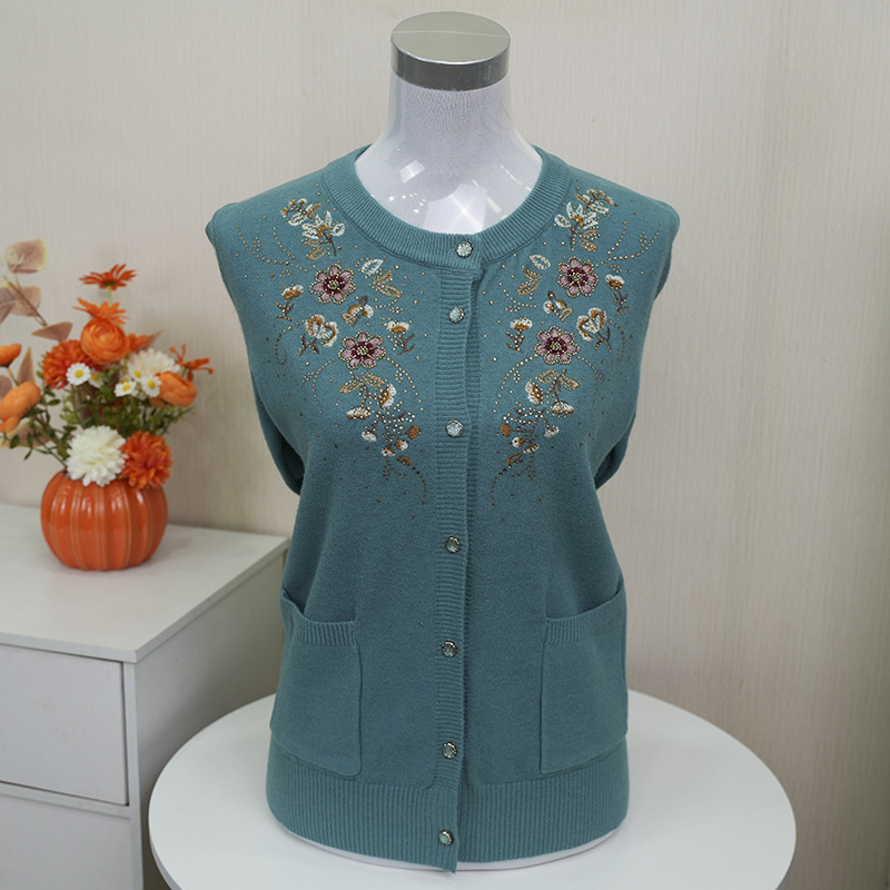 Izšūts ziedu raksta kabatas kardigans, adīts, apļveida kakla, garas piedurknes, brīvs piegriezums, poliesteru maisījums