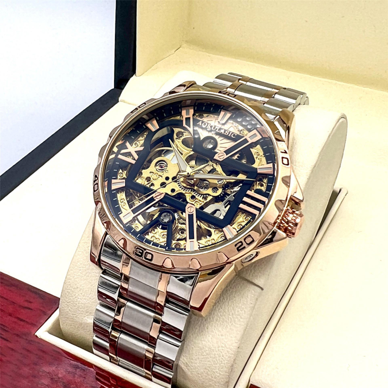 Ceas mecanic pentru bărbați, cu fereastră luminoasă transparentă și spate transparent, rezistență la apă 30 m, mișcare mecanică originală 5016