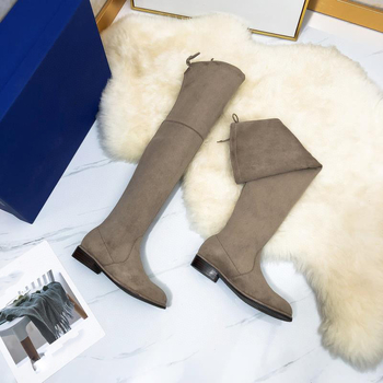 Cizme peste genunchi pentru femei, velur, închidere cu șnur, toc gros 1–3 cm, talpă din cauciuc