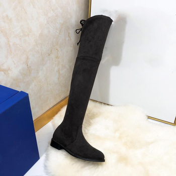 Cizme peste genunchi pentru femei, velur, închidere cu șnur, toc gros 1–3 cm, talpă din cauciuc