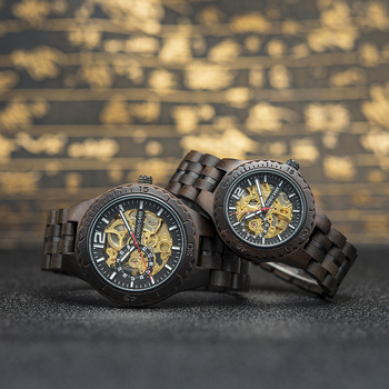 Ceas mecanic din lemn pentru cupluri – cadran de 40mm, rezistență la apă 50m, carcasă din oțel inoxidabil, curea din oțel inoxidabil și lemn