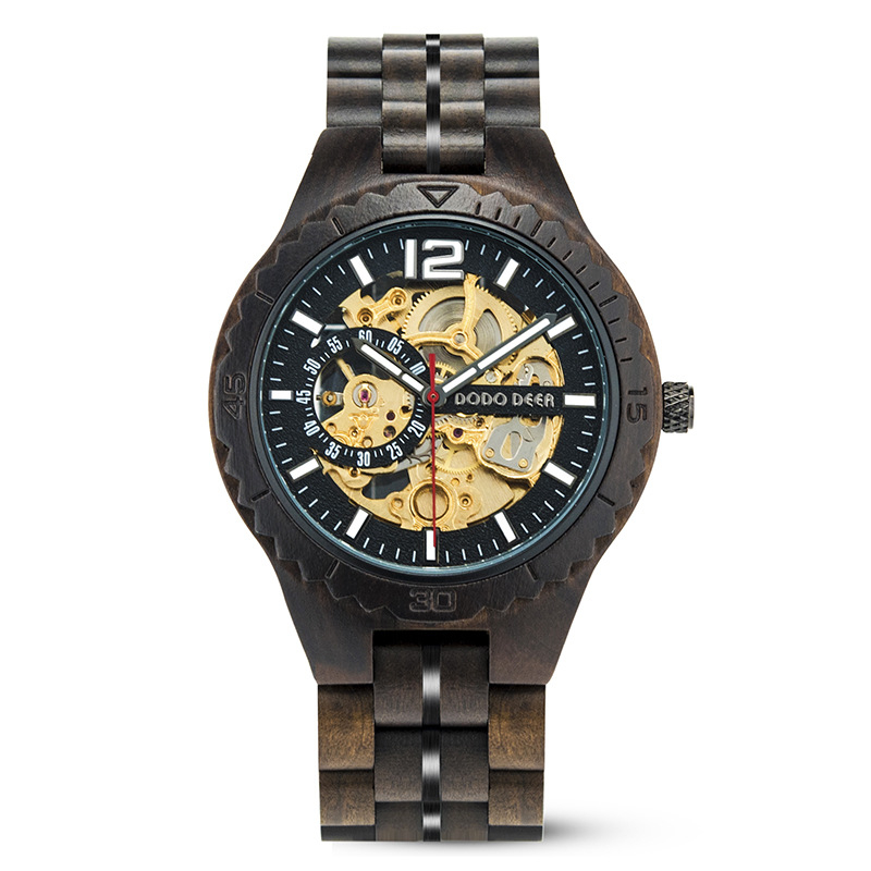 Ceas mecanic din lemn pentru cupluri – cadran de 40mm, rezistență la apă 50m, carcasă din oțel inoxidabil, curea din oțel inoxidabil și lemn