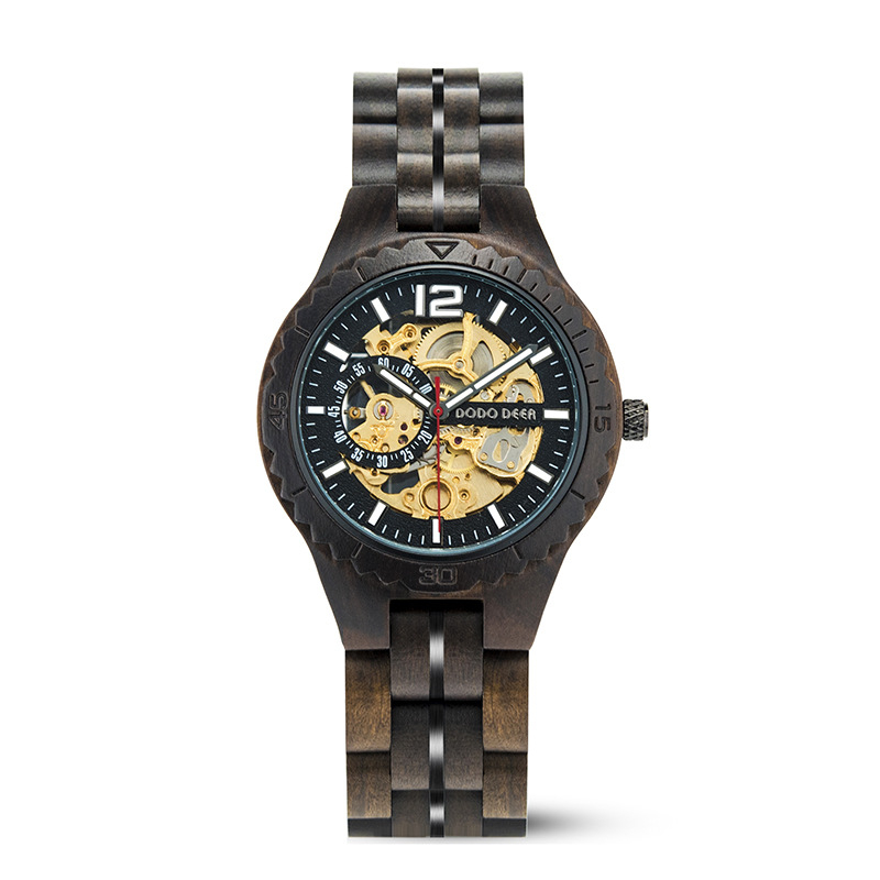 Ceas mecanic din lemn pentru cupluri – cadran de 40mm, rezistență la apă 50m, carcasă din oțel inoxidabil, curea din oțel inoxidabil și lemn