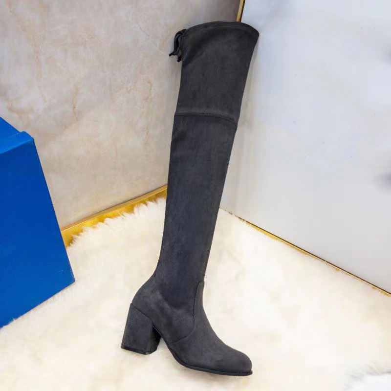 Pāri ceļgalam velūra zābaki ar biezu papēdi, 6–8 cm, šņorēšana