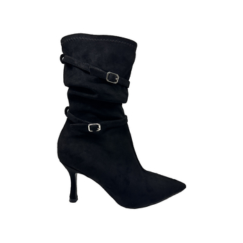 Mundu Zamšveida sieviešu īsās zābaki — ass purns, šaurs papēdis 6–8 cm, gumijas zole