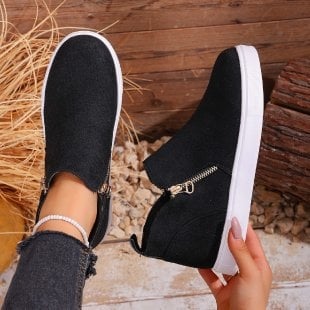 Mocasin de damă din velur, fermoar lateral, toc gros 6–8 cm, talpă din cauciuc, branț PU