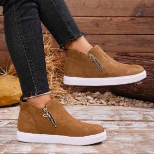 Mocasin de damă din velur, fermoar lateral, toc gros 6–8 cm, talpă din cauciuc, branț PU