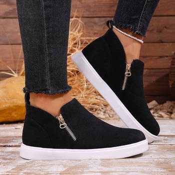 Mocasin de damă din velur, fermoar lateral, toc gros 6–8 cm, talpă din cauciuc, branț PU