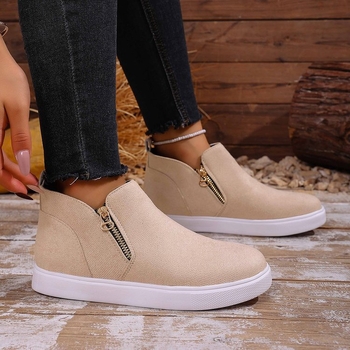 Mocasin de damă din velur, fermoar lateral, toc gros 6–8 cm, talpă din cauciuc, branț PU