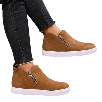 Mocasin de damă din velur, fermoar lateral, toc gros 6–8 cm, talpă din cauciuc, branț PU