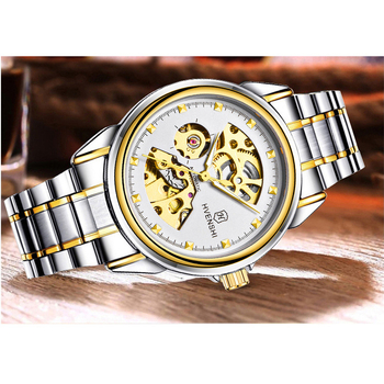 Ceas mecanic pentru bărbați, design skeleton, mișcare Seagull, carcasă și brățară din oțel inoxidabil, cadran transparent, spate transparent, rezistență la apă 30m