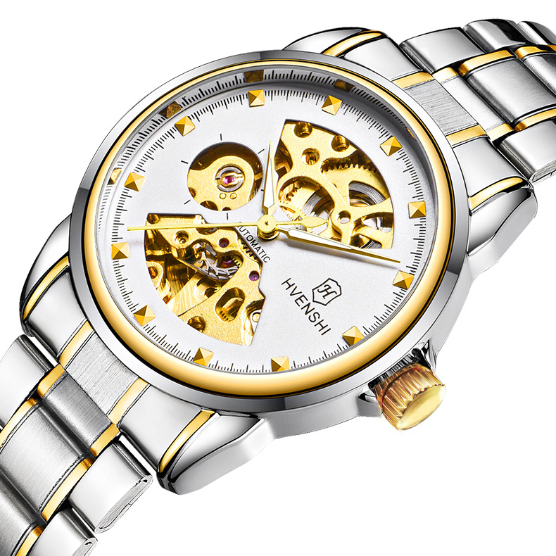 Ceas mecanic pentru bărbați, design skeleton, mișcare Seagull, carcasă și brățară din oțel inoxidabil, cadran transparent, spate transparent, rezistență la apă 30m