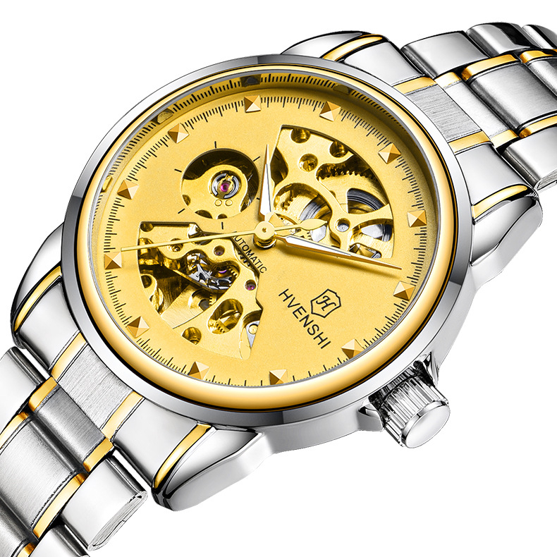 Ceas mecanic pentru bărbați, design skeleton, mișcare Seagull, carcasă și brățară din oțel inoxidabil, cadran transparent, spate transparent, rezistență la apă 30m