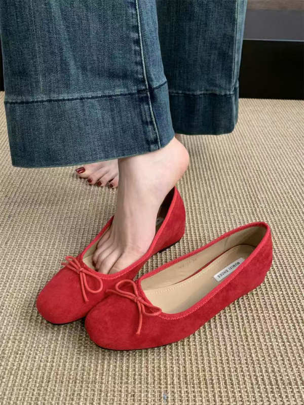 Pantofi Mary Jane în stil coreean, din velur, vârf drept, slip-on, gleznă joasă