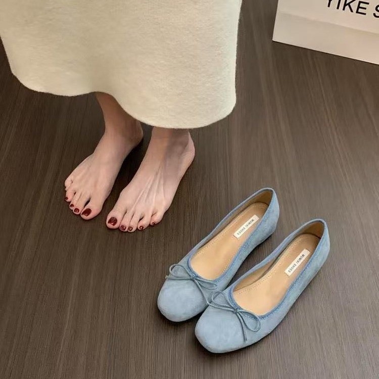 Pantofi Mary Jane în stil coreean, din velur, vârf drept, slip-on, gleznă joasă