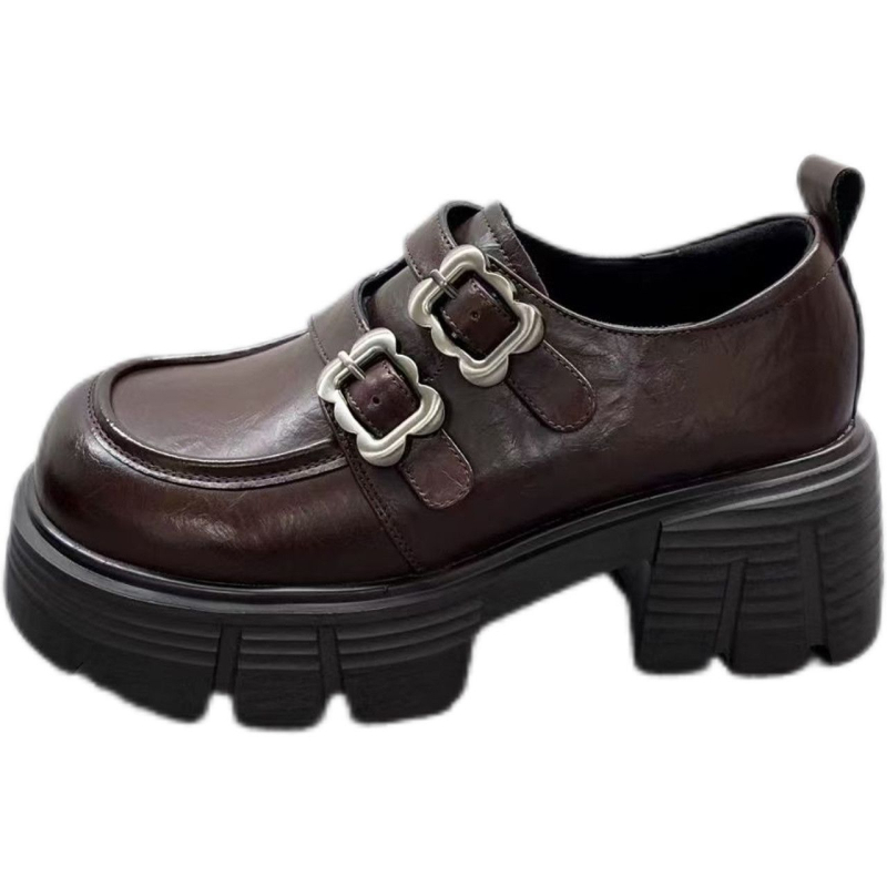 Loafers din piele pentru femei, cataramă metalică – vârf rotund, partea superioară din piele de vițel, înălțime a tocului 6–8 cm, talpă din cauciuc spumos, branț PU
