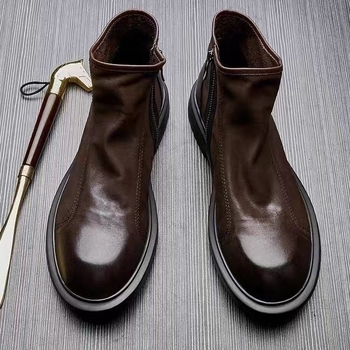 Мъжки Chelsea обувки от естествена кожа - Горна част: първи слой телешка кожа, Стелка: първи слой свинска кожа, Подметка: вулканизирана гума, Закопчаване: катарама, Сезон: пролет и есен