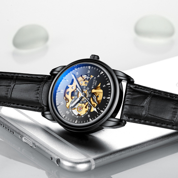 Férfi automata üreges szerkezetű karóra, lumineszcens, 30m vízálló, rozsdamentes acél szíj