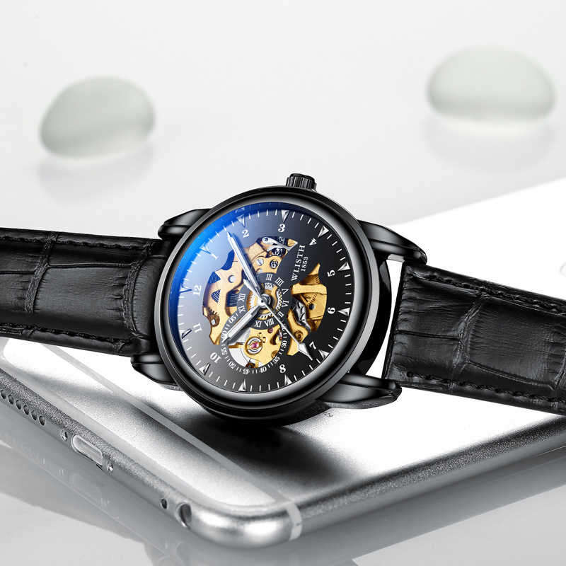 Férfi automata üreges szerkezetű karóra, lumineszcens, 30m vízálló, rozsdamentes acél szíj