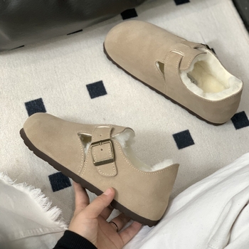 Moccasini din piele cu căptușeală din lână de oaie, închidere cu cataramă, talpă EVA, toc mic 1–3 cm, călduroase pentru iarnă și toamnă