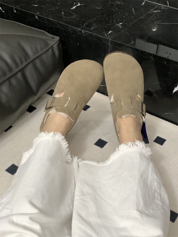 Moccasini din piele cu căptușeală din lână de oaie, închidere cu cataramă, talpă EVA, toc mic 1–3 cm, călduroase pentru iarnă și toamnă