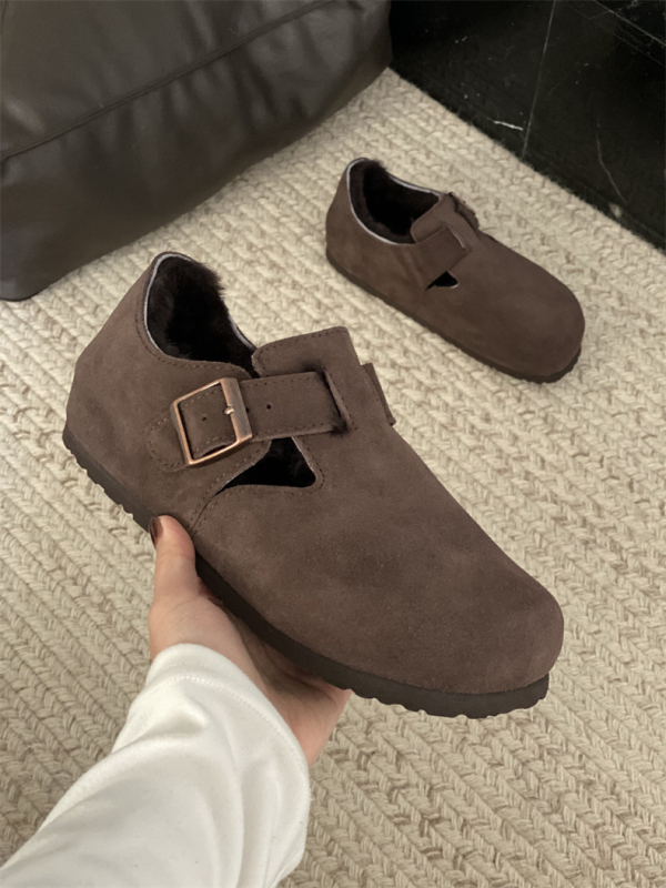 Moccasini din piele cu căptușeală din lână de oaie, închidere cu cataramă, talpă EVA, toc mic 1–3 cm, călduroase pentru iarnă și toamnă
