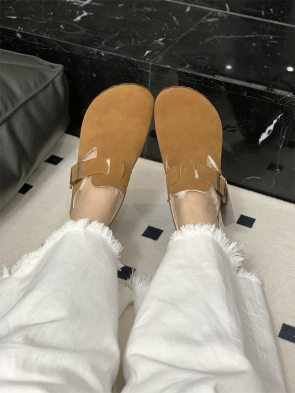 Moccasini din piele cu căptușeală din lână de oaie, închidere cu cataramă, talpă EVA, toc mic 1–3 cm, călduroase pentru iarnă și toamnă