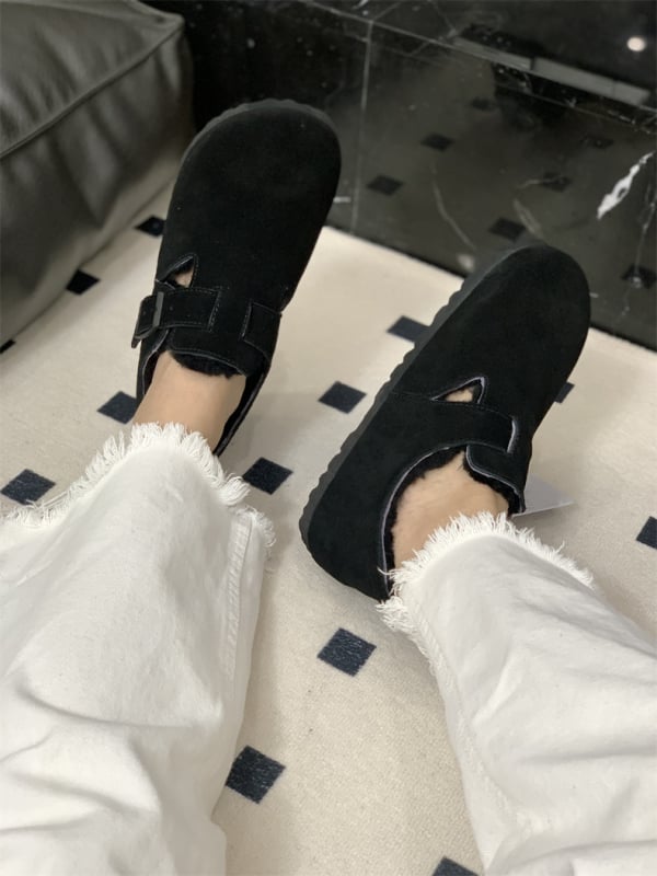 Moccasini din piele cu căptușeală din lână de oaie, închidere cu cataramă, talpă EVA, toc mic 1–3 cm, călduroase pentru iarnă și toamnă