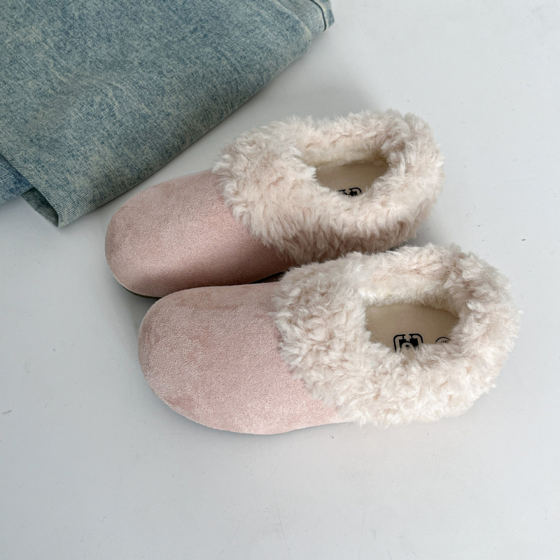 Ženske zimske cipele s velurom na vrhu i umjetnim krznom, niski slip-on, okrugli vrh, ravna plastična potplat