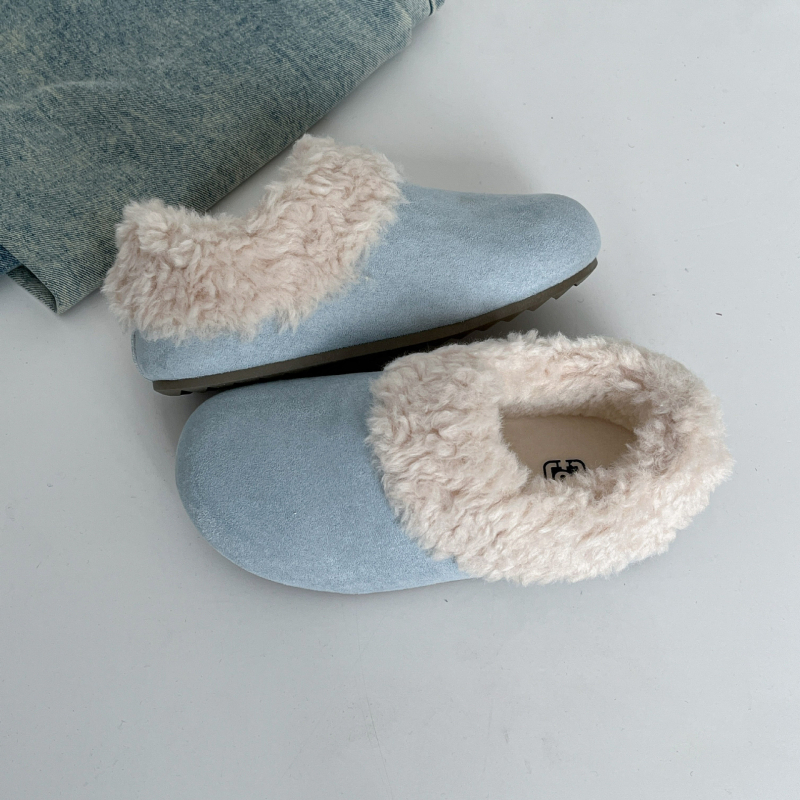 Ženske zimske cipele s velurom na vrhu i umjetnim krznom, niski slip-on, okrugli vrh, ravna plastična potplat