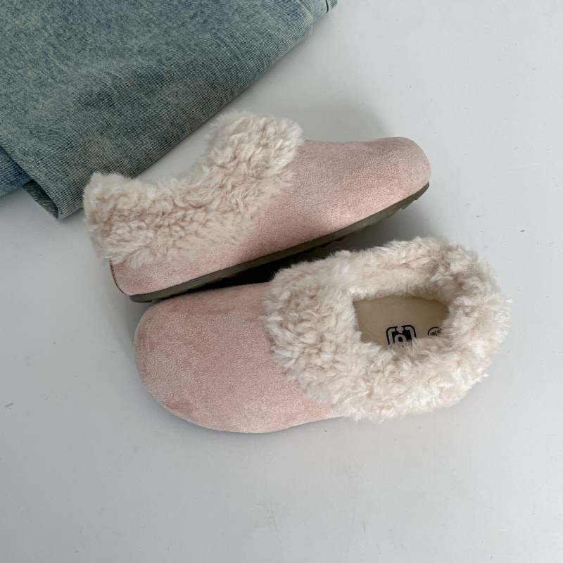 Ženske zimske cipele s velurom na vrhu i umjetnim krznom, niski slip-on, okrugli vrh, ravna plastična potplat