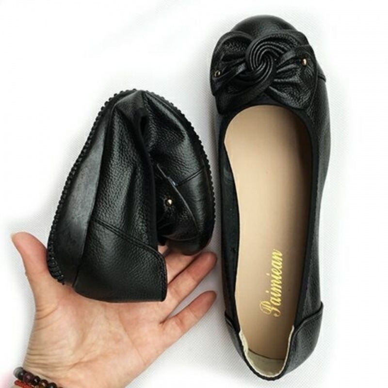 Ženske Bean Shoes - okrugli vrh, gornji dio od kože prve klase, gumena potplat, niski pet 1–3 cm, ljeto