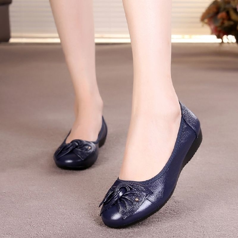 Ženske Bean Shoes - okrugli vrh, gornji dio od kože prve klase, gumena potplat, niski pet 1–3 cm, ljeto