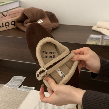 Moterų Mary Jane bateliai su dirželiu, apvali nosis, velūro viršus, pūkuota įdaila, guminis padas, žemas plokščias kulnas — Korėjos stilius, rudens-žiema.