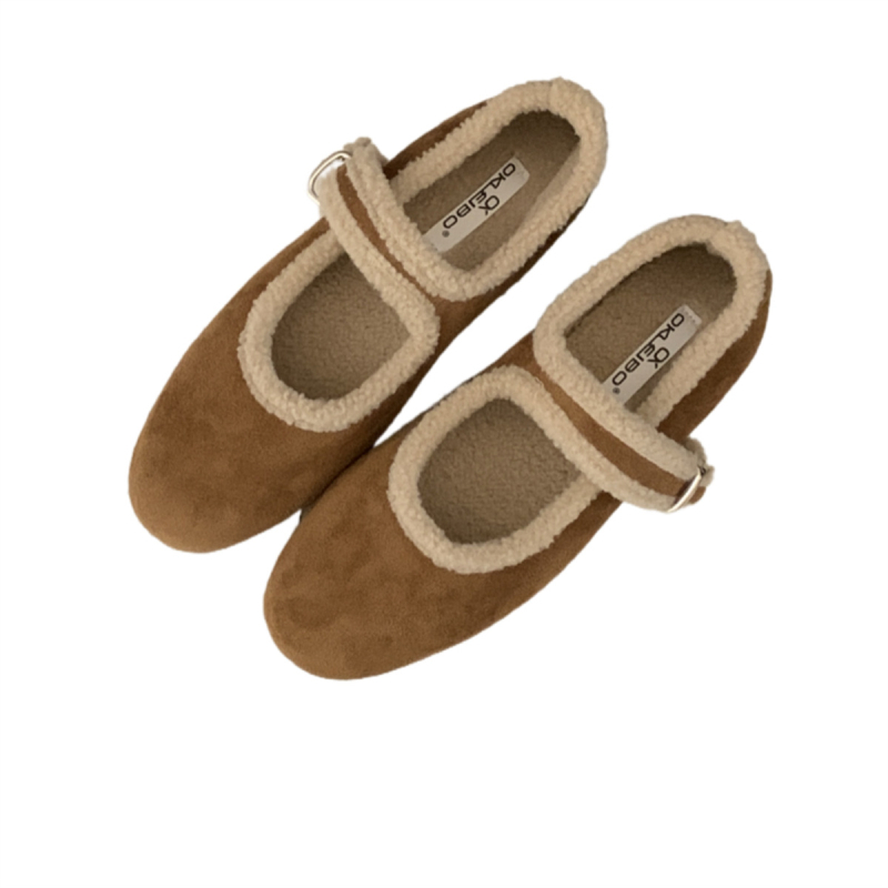 Moterų Mary Jane bateliai su dirželiu, apvali nosis, velūro viršus, pūkuota įdaila, guminis padas, žemas plokščias kulnas — Korėjos stilius, rudens-žiema.