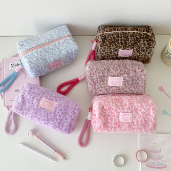 Pluš kozmetička torbica s leopardim uzorkom, velika kapaciteta, prijenosna za putovanja, zatvaranje na zip, podstava od poliestera