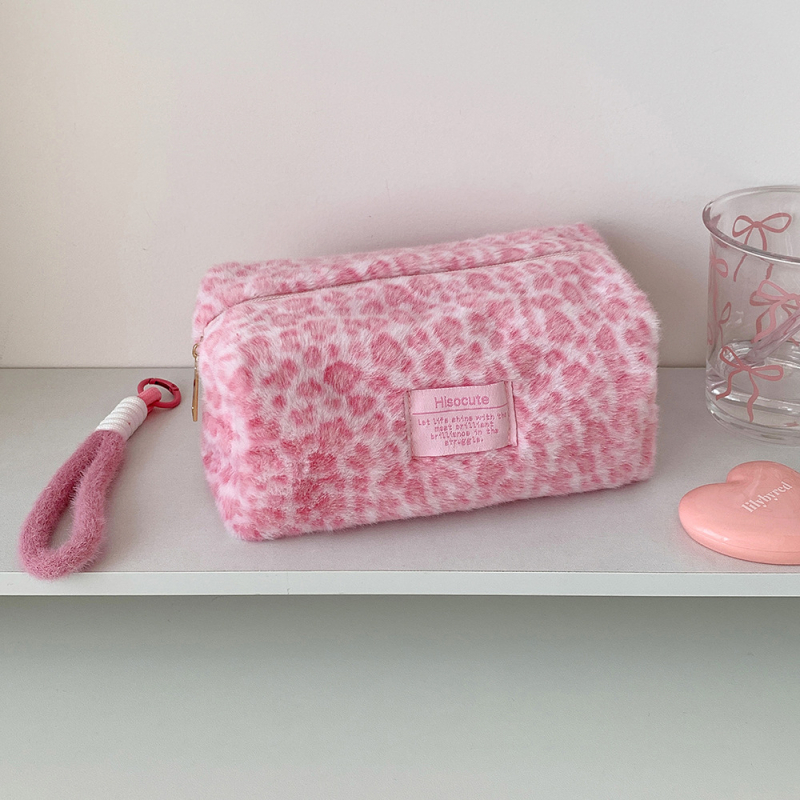Pluš kozmetička torbica s leopardim uzorkom, velika kapaciteta, prijenosna za putovanja, zatvaranje na zip, podstava od poliestera
