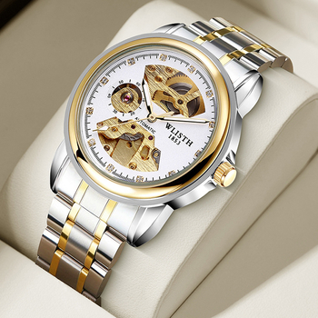 Férfi automata mechanikus karóra – világító számlap, mindennapi vízállóság, átlátszó hátlap, rozsdamentes acél szíj