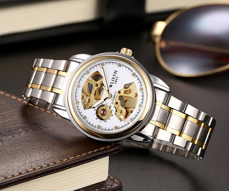 Férfi automata mechanikus karóra – világító számlap, mindennapi vízállóság, átlátszó hátlap, rozsdamentes acél szíj