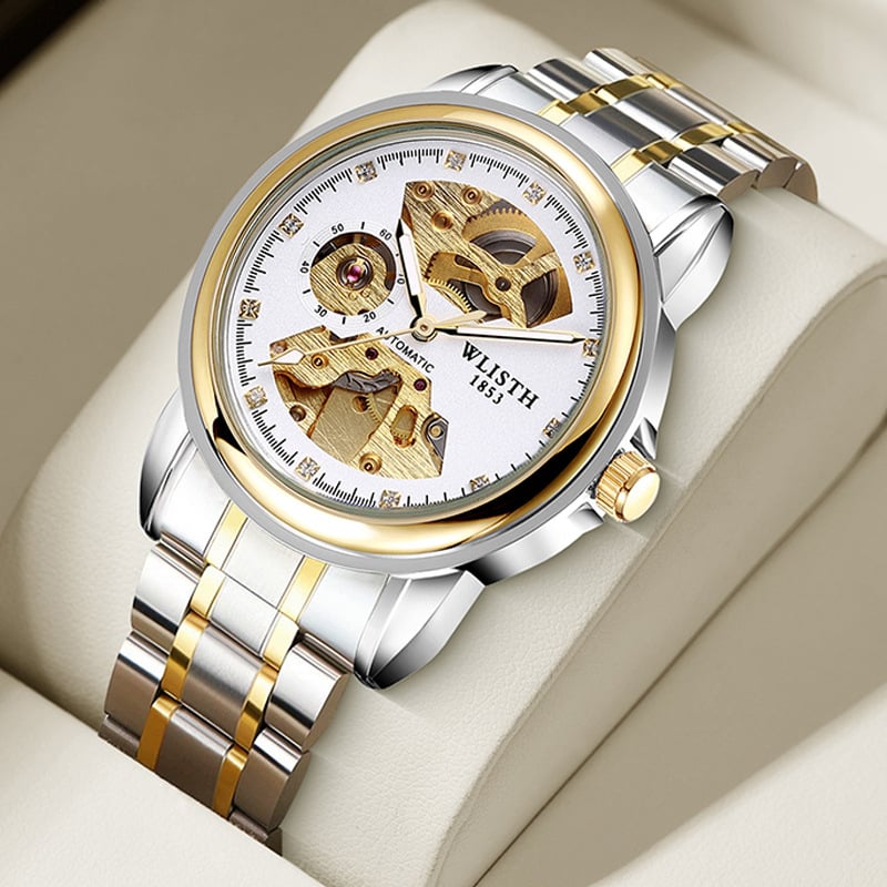 Férfi automata mechanikus karóra – világító számlap, mindennapi vízállóság, átlátszó hátlap, rozsdamentes acél szíj