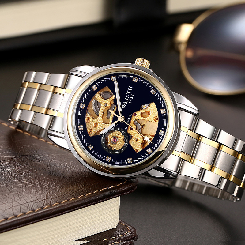 Férfi automata mechanikus karóra – világító számlap, mindennapi vízállóság, átlátszó hátlap, rozsdamentes acél szíj