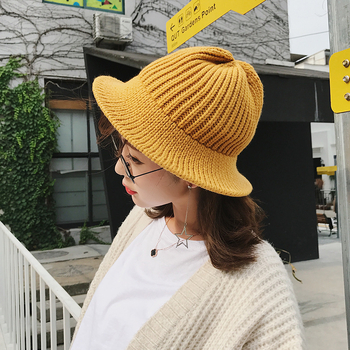 Koreai stílusú női vödör kalap, őszi-téli gyapjú koreai irodalmi meleg kötött egyszínű összecsukható hétköznapi kalap nagykereskedelemben