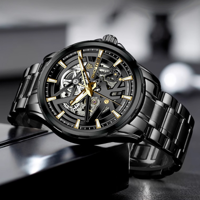 Мъжки автоматичен часовник с турбийон, кожена каишка, водоустойчив до 30 м