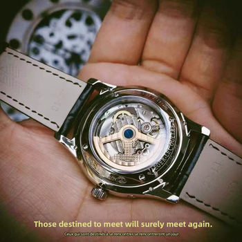 Мъжки часовник с лунна фаза, ултра тънък автоматичен механичен часовник, циферблат 39,5 мм, дебелина 12 мм, корпус от неръждаема стомана, кожена гривна, движение Pearl 2813