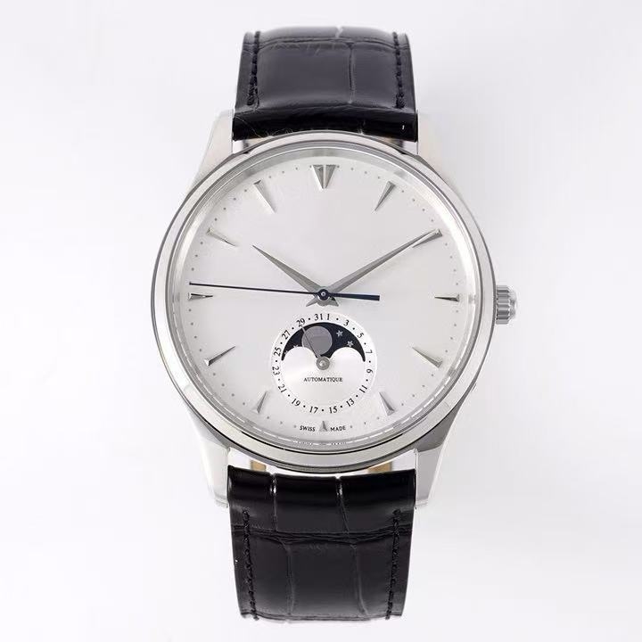 Мъжки часовник с лунна фаза, ултра тънък автоматичен механичен часовник, циферблат 39,5 мм, дебелина 12 мм, корпус от неръждаема стомана, кожена гривна, движение Pearl 2813