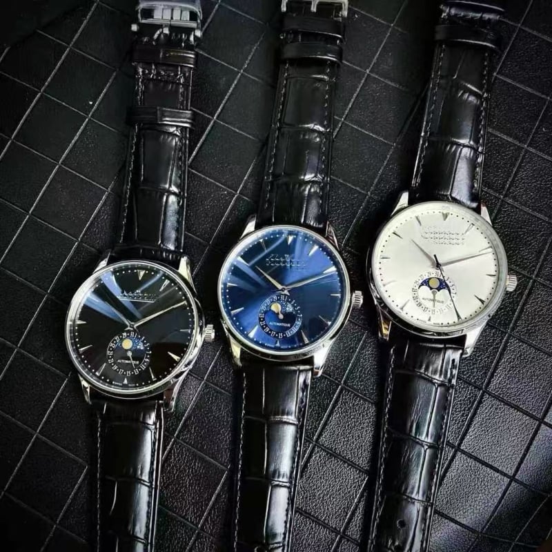 Мъжки часовник с лунна фаза, ултра тънък автоматичен механичен часовник, циферблат 39,5 мм, дебелина 12 мм, корпус от неръждаема стомана, кожена гривна, движение Pearl 2813