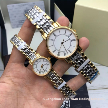 Кварцов часовник за двойки, корпус и каишка от неръждаема стомана, кръгъл циферблат, двойна катарама