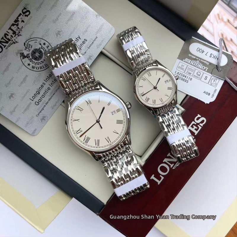 Кварцов часовник за двойки, корпус и каишка от неръждаема стомана, кръгъл циферблат, двойна катарама