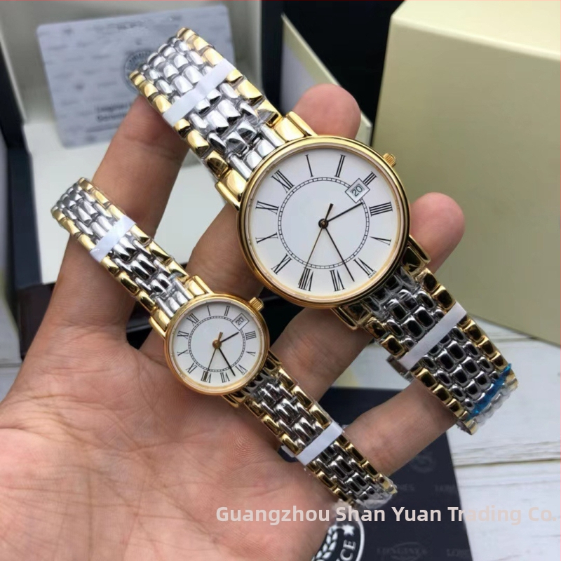 Кварцов часовник за двойки, корпус и каишка от неръждаема стомана, кръгъл циферблат, двойна катарама